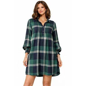 Reborn Green Plaid Tunic Top 3/4 Sleeve Button Front Size M